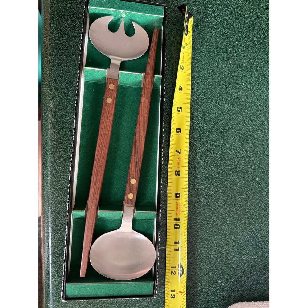 Vintage MCM Salad Serving Set Stainless Steel Wood Handle Japan 12.5 Inch 2pc